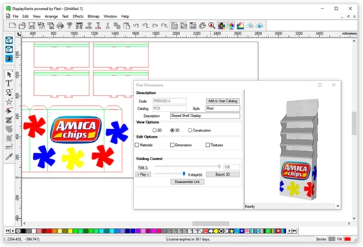 Compatible with all existing wide-format RIP software that drives flatbed printers and cutters, DisplayGenie also features a simple, yet complete toolset to enable easier display and box structure design 
