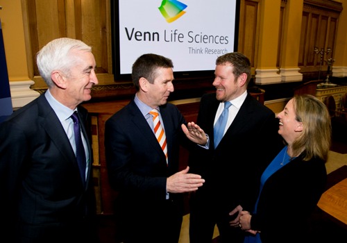 (L-R) Padraic O'Connor Chairman ISE Tony Richardson CEO Venn Life Sciences Jonathan Hartshorn CFO Venn and Orla O'Gorman Head of Equities ISE 